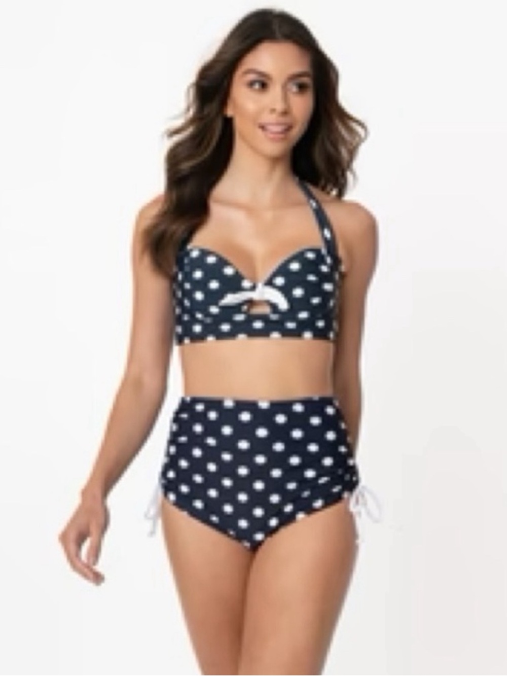 Unique Vintage Retro Pinup Navy and White Polka Dot High-Waist‎ Bikini Top